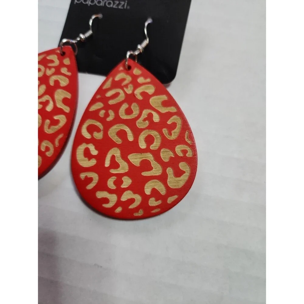 Paparazzi Untamed Red Leopard Print Wood Teardrop Earrings - NWT